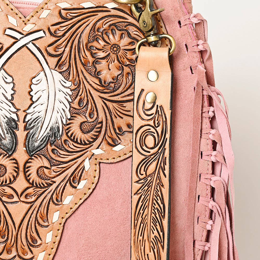 American Darling Western Feather Tooled Leather Large Crossbody Bag with Fringe