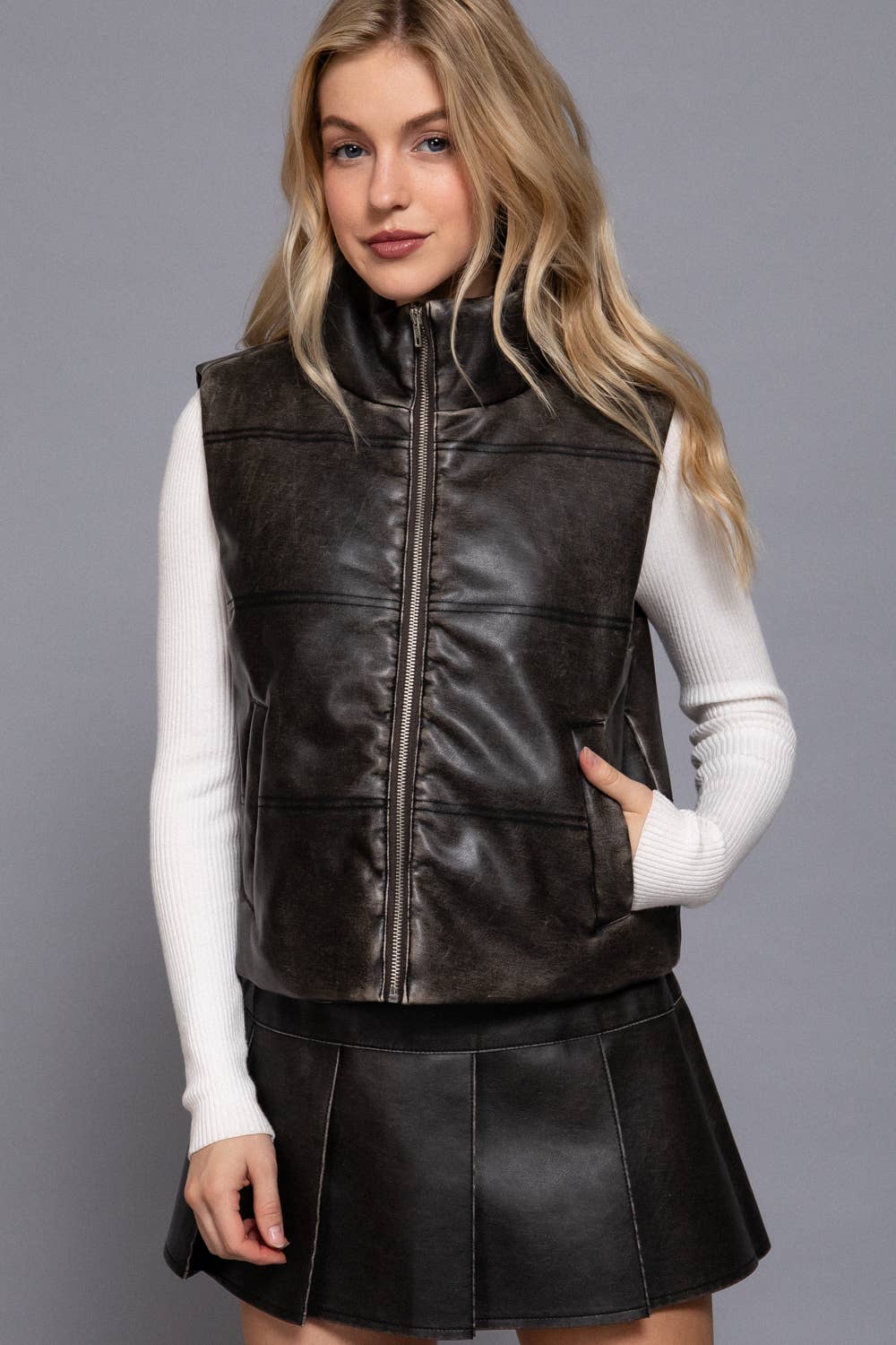 Wash Effect Faux Leather Vest