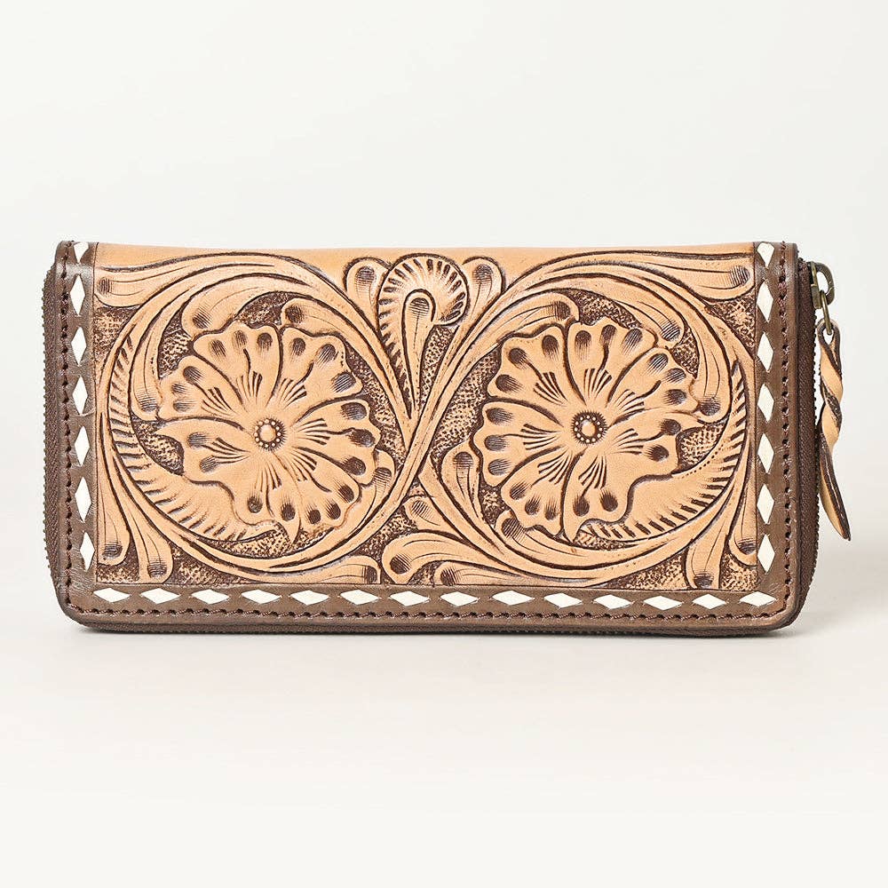 Hand Tooled Genuine Leather Floral Zip Organiser - Western Cowgirl Style