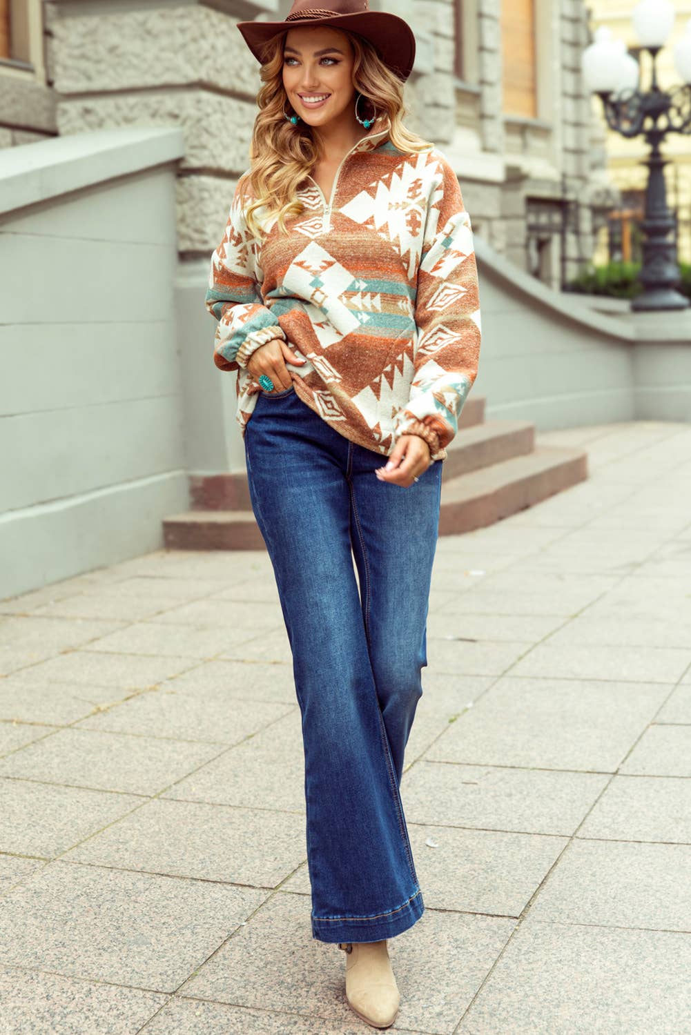 Quarter Zip Elastic Cuffs Western Pullover: Khaki