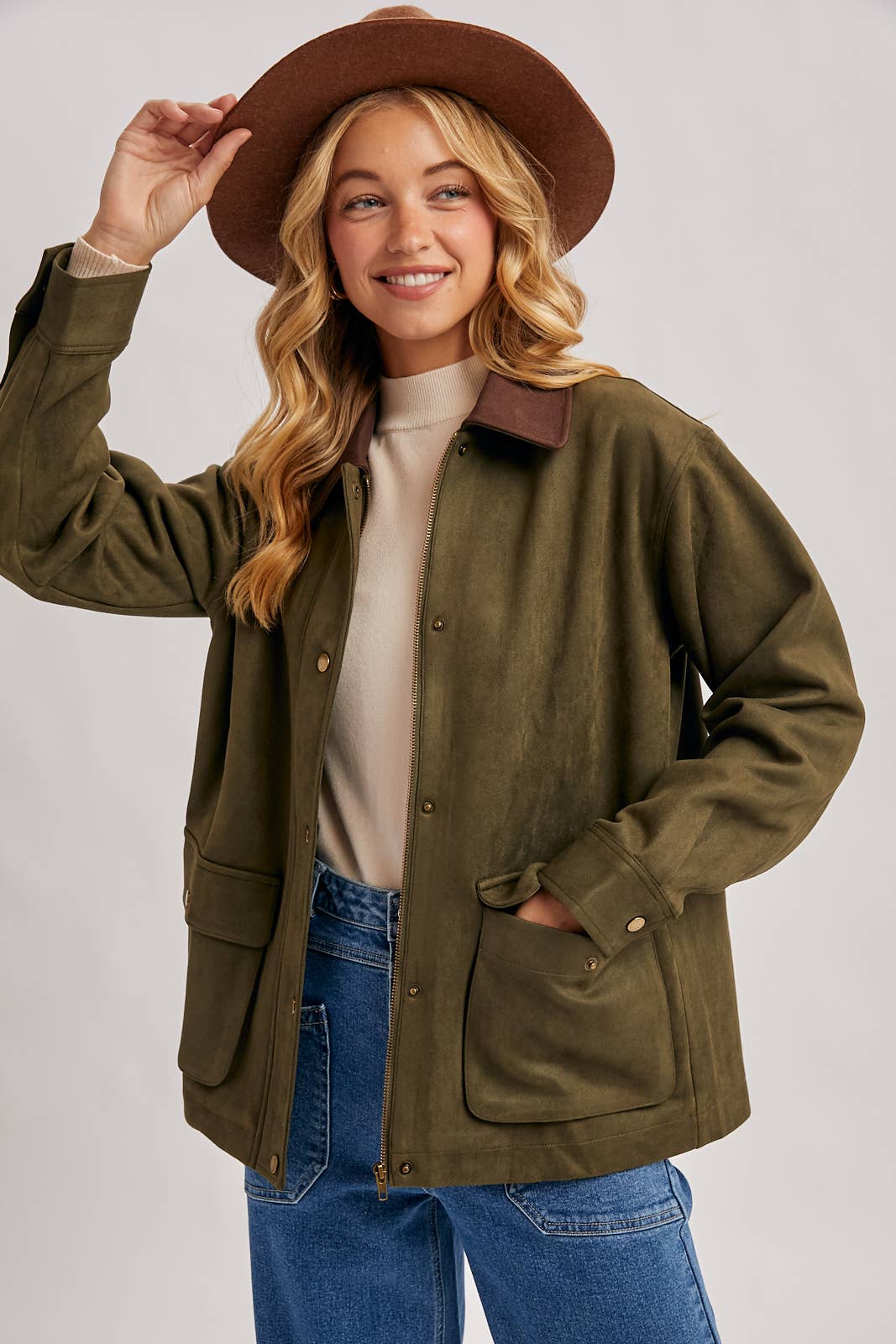 Bluivy - BUTTON DOWN FAUX SUEDE BARBOUR JACKET: OLIVE