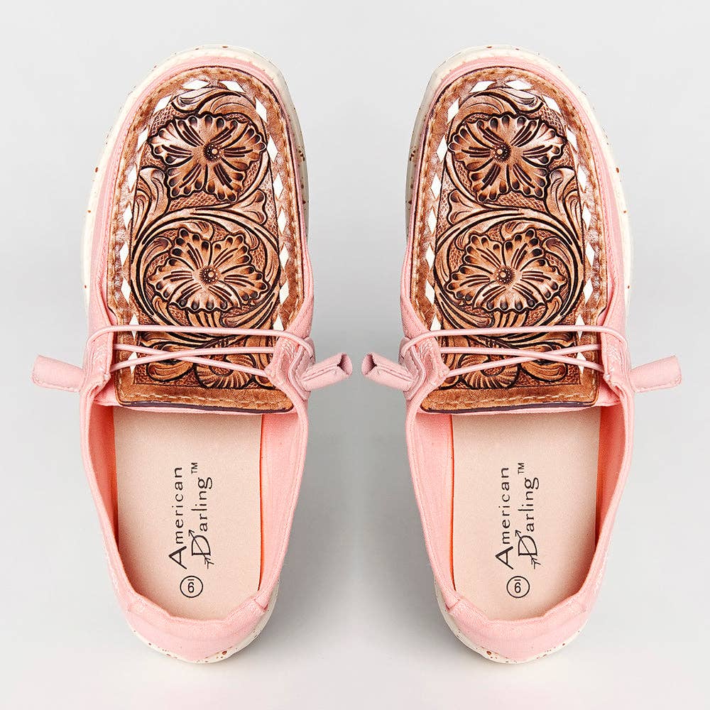American Darling genuine leather trim shoe footwear slip on, pink, tooled