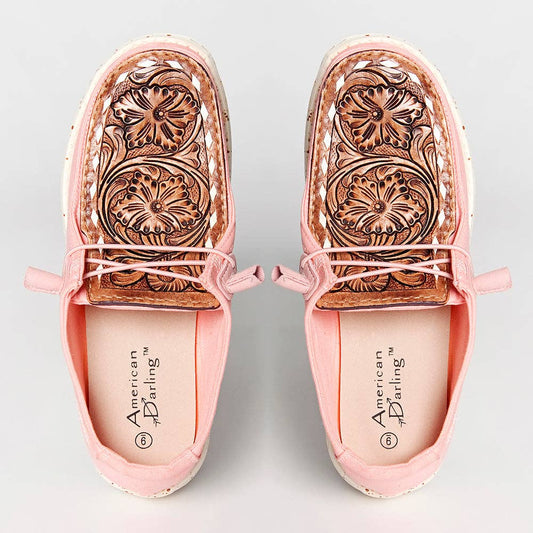 American Darling genuine leather trim shoe footwear slip on, pink, tooled