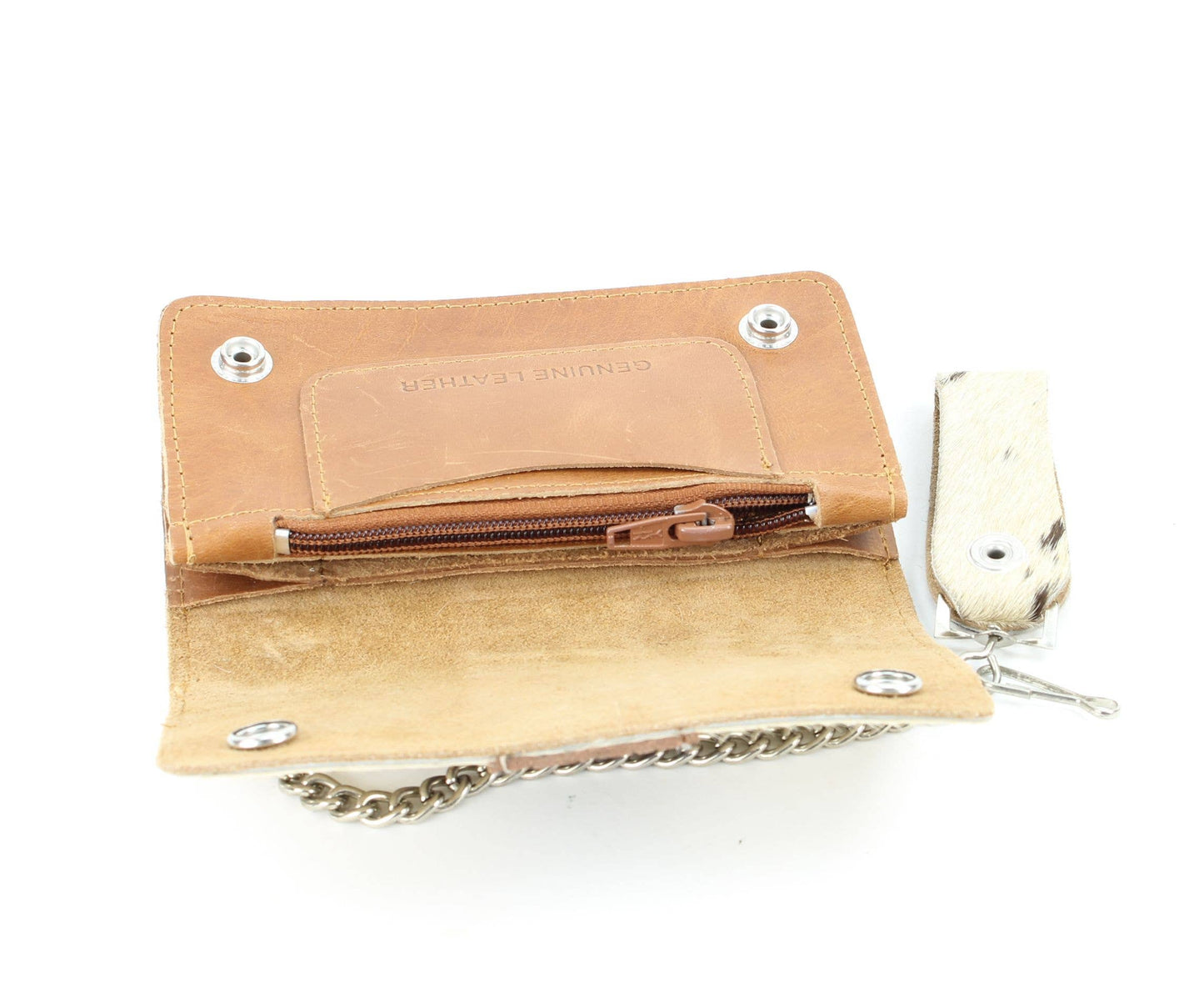 Tan hair on hide tooled leather chain wallet