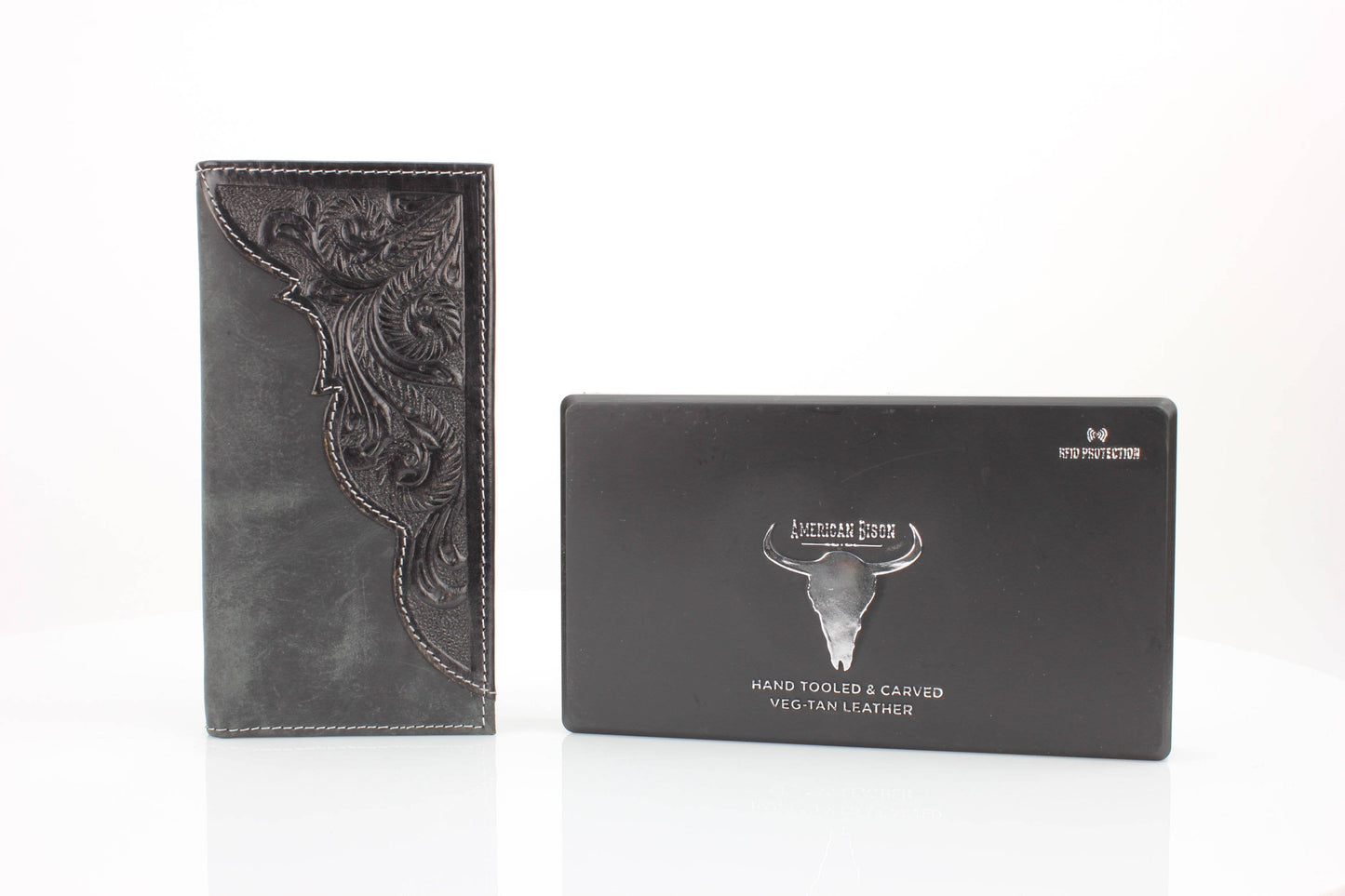American Bison Oil Pull Up Tooled Leather Accent Rodeo Wallet Black
