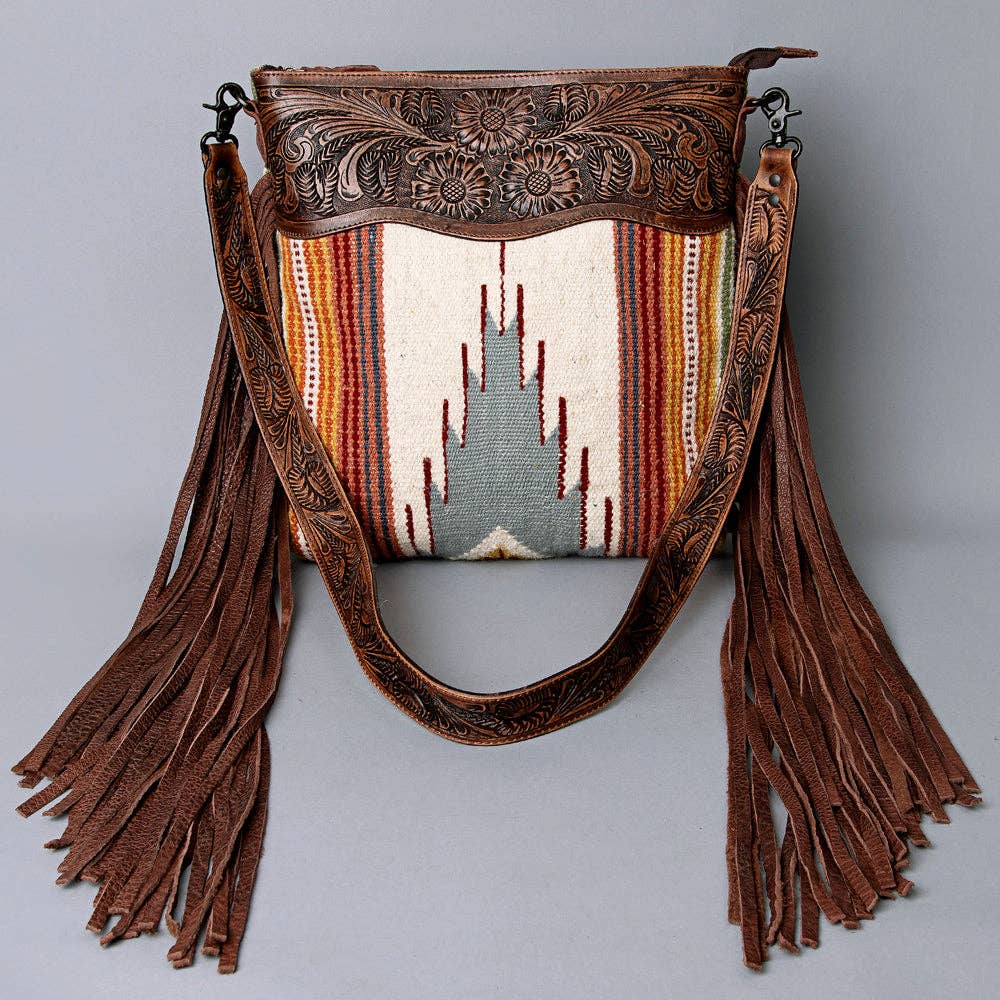 American Darling Tooled Leather & Tribal Wool Crossbody Bag - Western Fringe Shoulder Purse