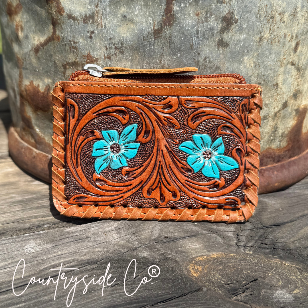 Tooled Leather Pouch, Bag Organizer Pink