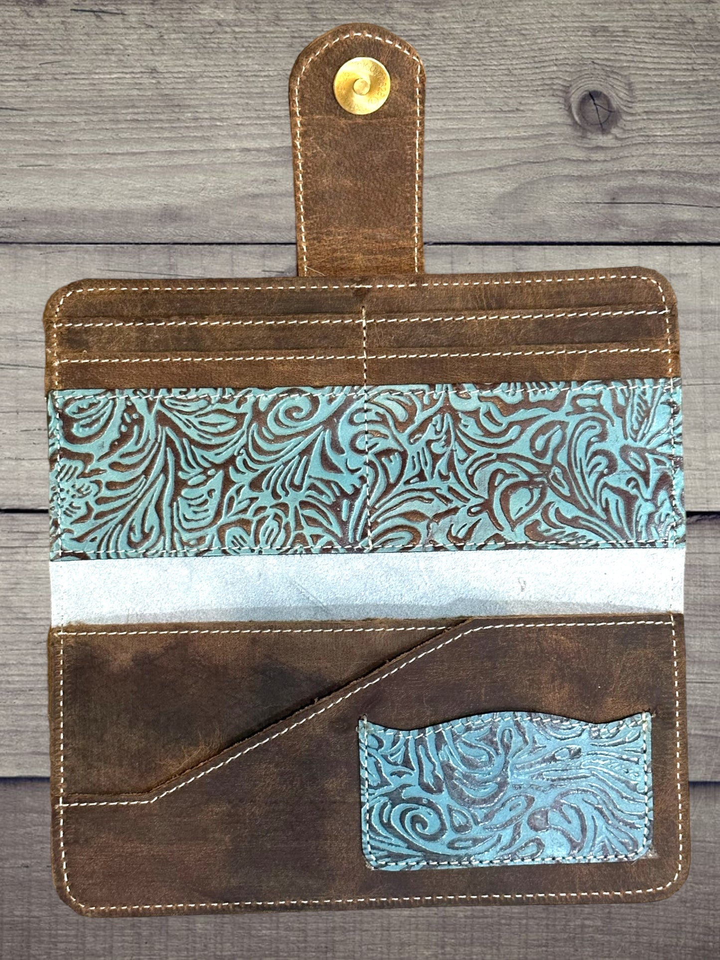 Floral Leather Wallet - tooled turquoise