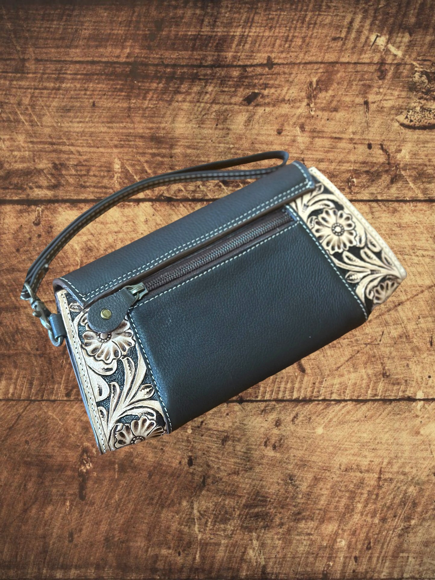 Leather Tooled expandable wristlet clutch