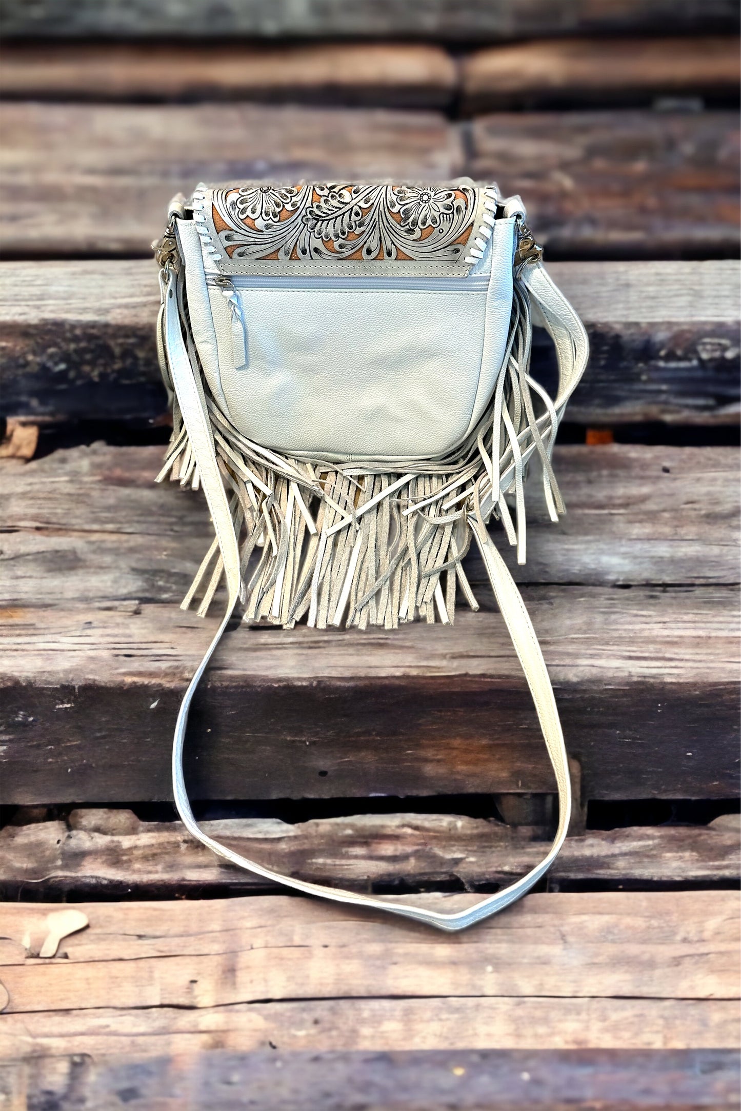 Leather Lasercut Fringe Crossbody Purse