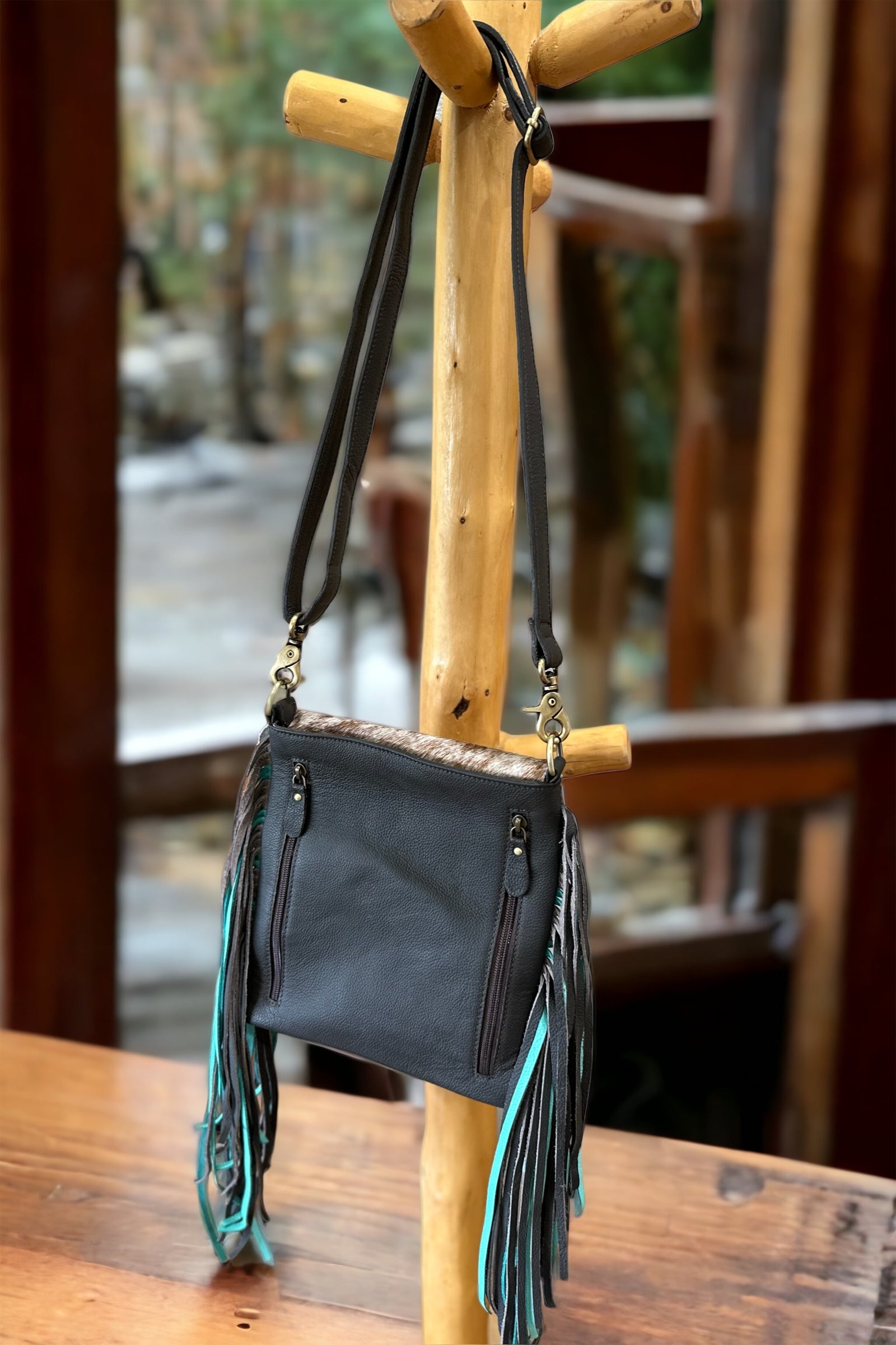 Fringe cross body western purse- with cowhide and real turquoise
