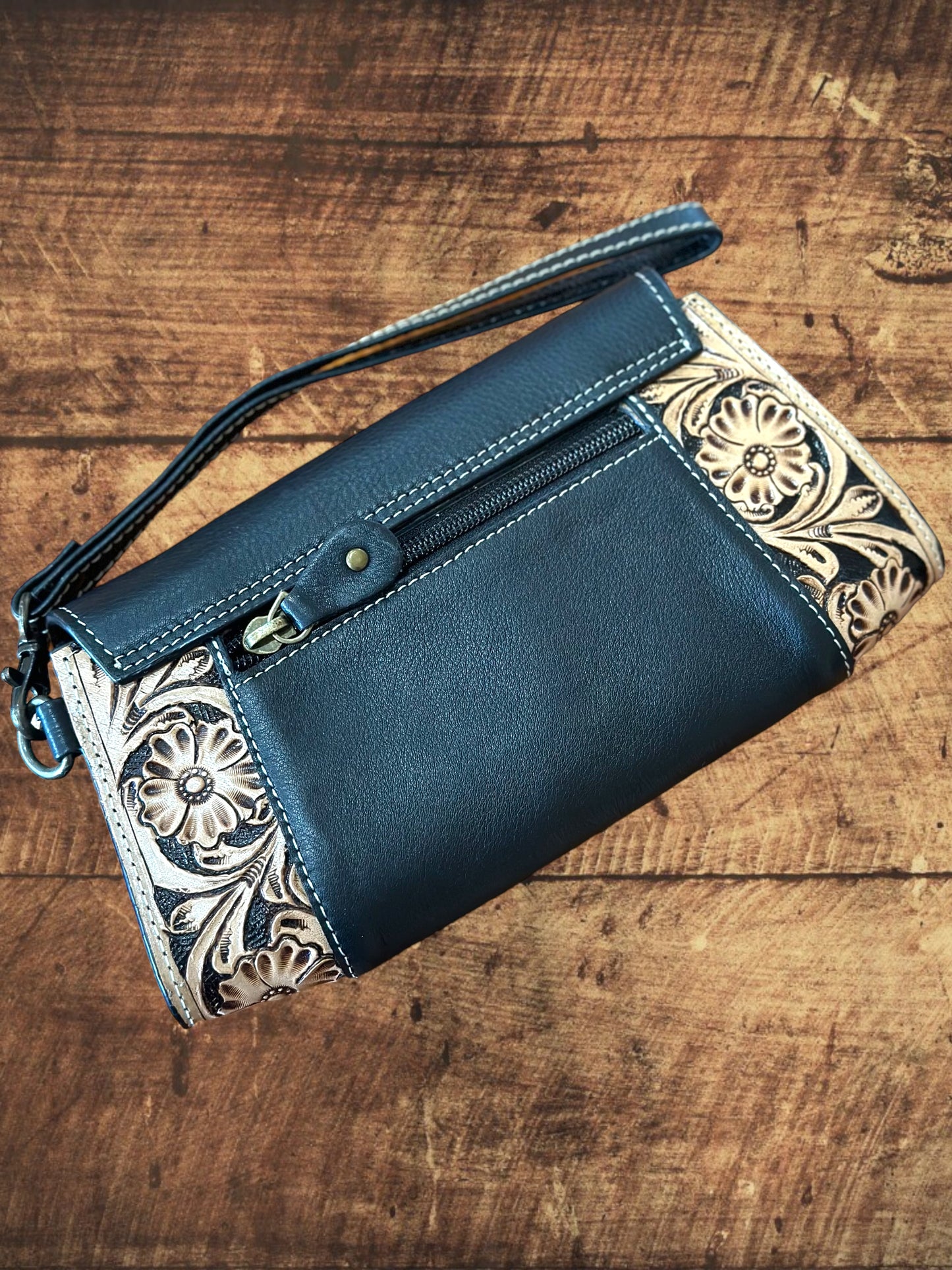 Leather Tooled expandable wristlet clutch