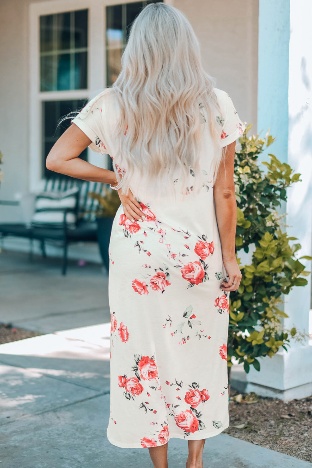 Floral Side Slit Cuffed Sleeve Dress