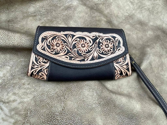 Leather Tooled expandable wristlet clutch