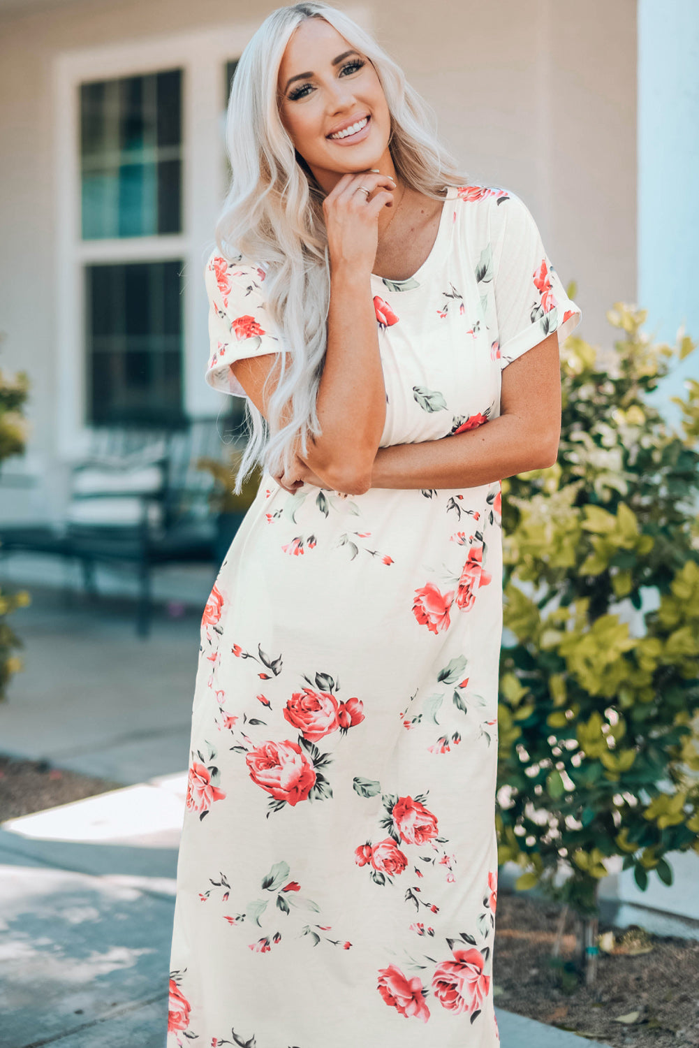 Floral Side Slit Cuffed Sleeve Dress