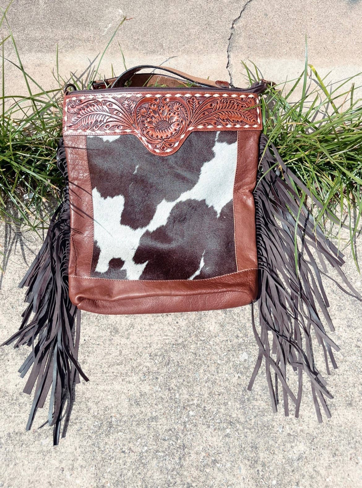 Fringe Purse with tooled leather & Cowhide