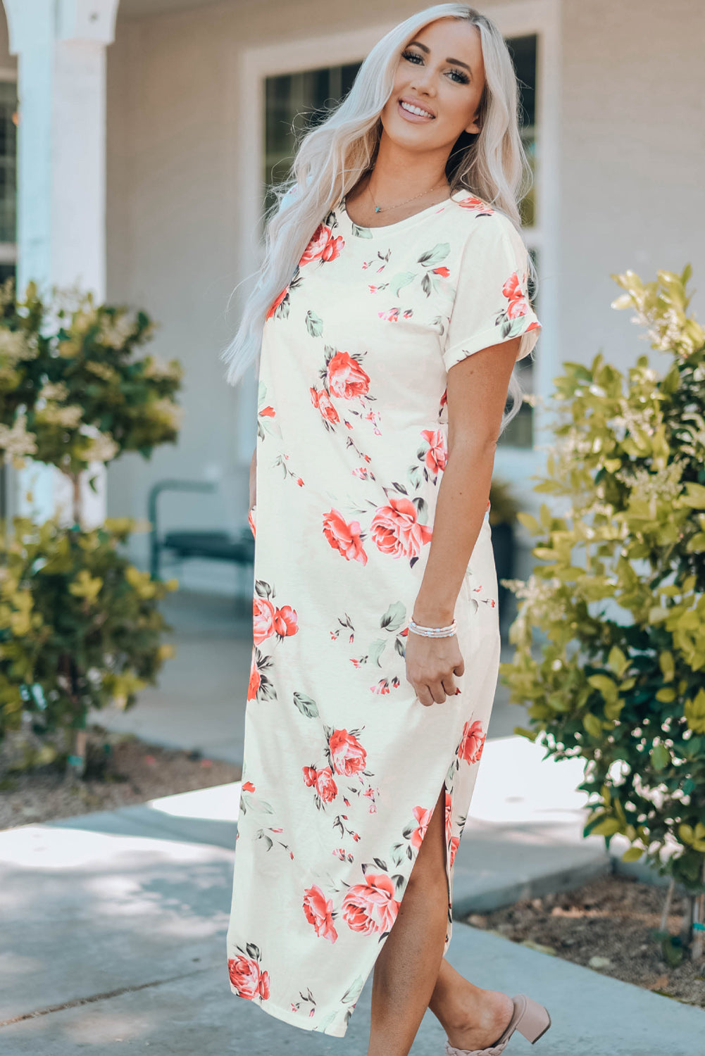 Floral Side Slit Cuffed Sleeve Dress