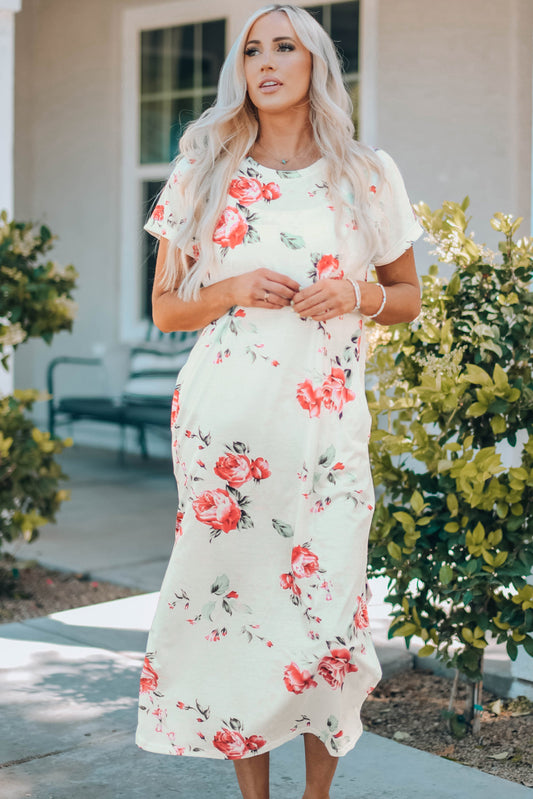 Floral Side Slit Cuffed Sleeve Dress