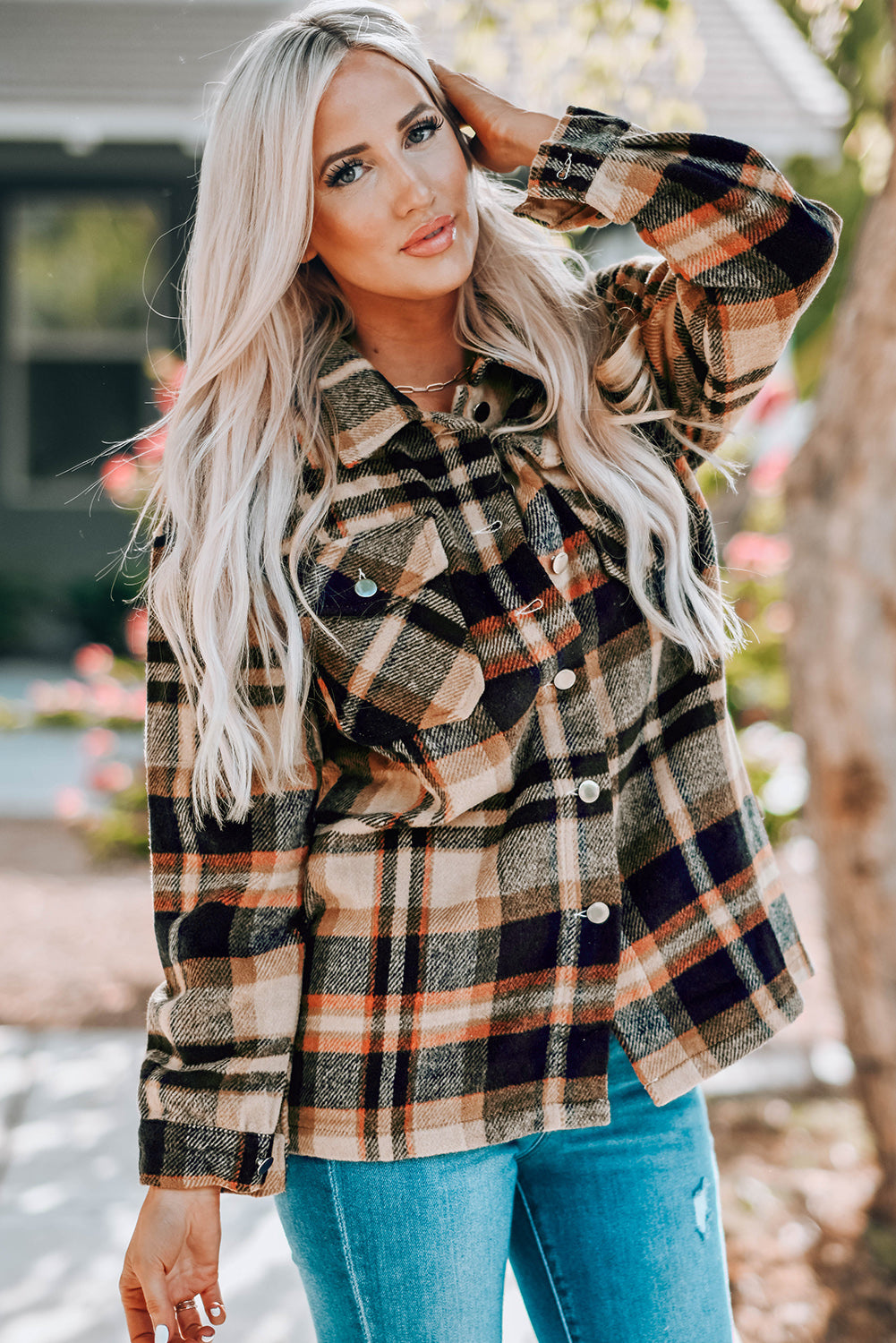 Plaid Button Front Shirt Jacket with Breast Pockets